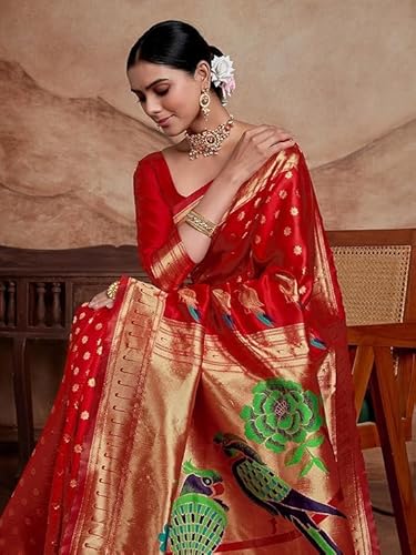 AXONIT Women's Silk Saree with Peacock & Floral Motifs & Multi-Color Weaving Pallu with Unstitched Blouse Piece - Red