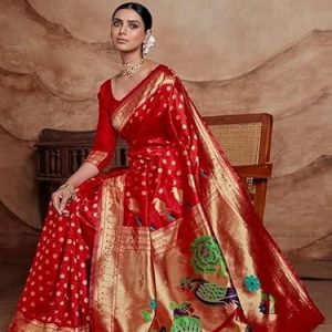AXONIT Women's Silk Saree with Peacock & Floral Motifs & Multi-Color Weaving Pallu with Unstitched Blouse Piece - Red