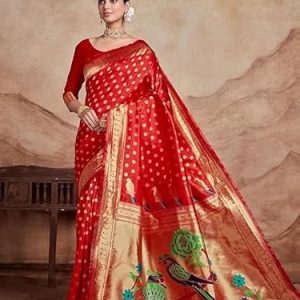 AXONIT Women's Silk Saree with Peacock & Floral Motifs & Multi-Color Weaving Pallu with Unstitched Blouse Piece - Red