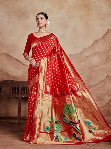 AXONIT Women's Silk Saree with Peacock & Floral Motifs & Multi-Color Weaving Pallu with Unstitched Blouse Piece - Red