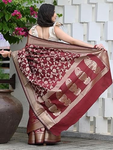 AXONIT Women's Silk Saree with Floral & Paisley Weaving & Traditional Golden Pallu with Unstitched Blouse Piece