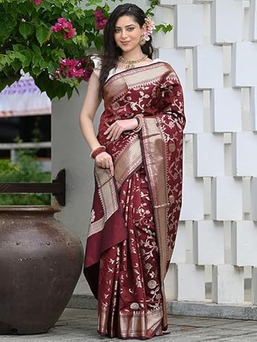 AXONIT Women's Silk Saree with Floral & Paisley Weaving & Traditional Golden Pallu with Unstitched Blouse Piece