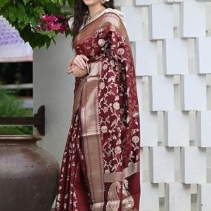 AXONIT Women's Silk Saree with Floral & Paisley Weaving & Traditional Golden Pallu with Unstitched Blouse Piece