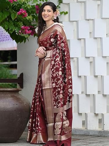 AXONIT Women's Silk Saree with Floral & Paisley Weaving & Traditional Golden Pallu with Unstitched Blouse Piece