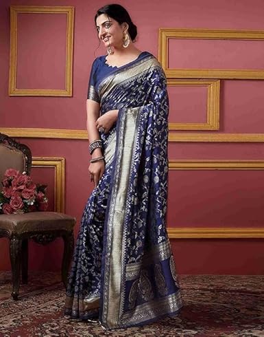 AXONIT Women's Silk Saree with Floral & Paisley Weaving & Traditional Golden Pallu with Unstitched Blouse Piece