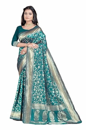 AXONIT Women's Silk Saree with Floral & Paisley Weaving & Traditional Golden Pallu with Unstitched Blouse Piece