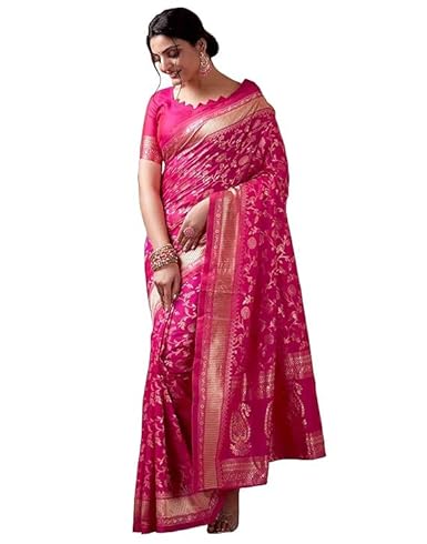 AXONIT Women's Silk Saree with Floral & Paisley Weaving & Traditional Golden Pallu with Unstitched Blouse Piece