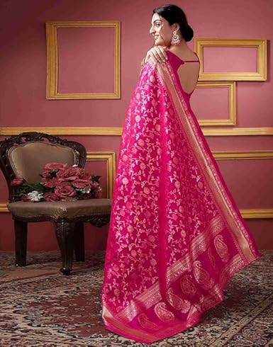 AXONIT Women's Silk Saree with Floral & Paisley Weaving & Traditional Golden Pallu with Unstitched Blouse Piece