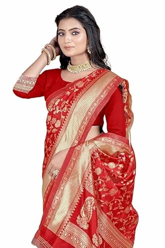 AXONIT Women's Silk Saree with Floral & Paisley Weaving & Traditional Golden Pallu with Unstitched Blouse Piece