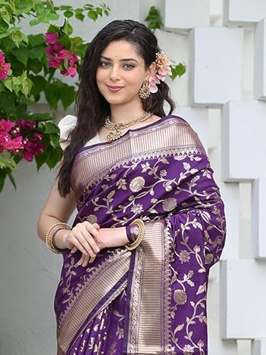 AXONIT Women's Silk Saree with Floral & Paisley Weaving & Traditional Golden Pallu with Unstitched Blouse Piece