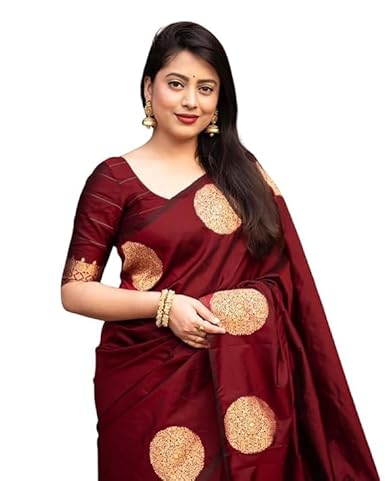 AXONIT Women's Silk Saree with Polka Butti Weaving & Golden Zari Pallu with Unstitched Blouse Piece