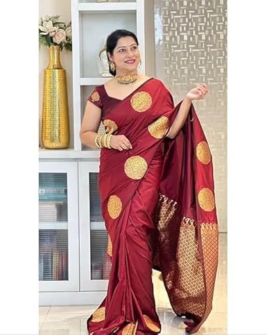 AXONIT Women's Silk Saree with Polka Butti Weaving & Golden Zari Pallu with Unstitched Blouse Piece