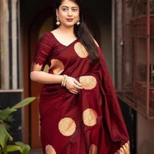 AXONIT Women's Silk Saree with Polka Butti Weaving & Golden Zari Pallu with Unstitched Blouse Piece