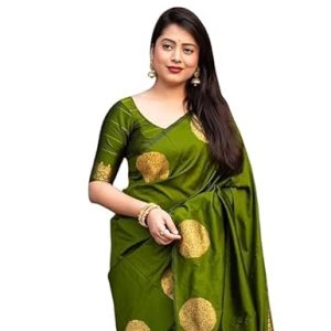 AXONIT Women's Silk Saree with Polka Butti Weaving & Golden Zari Pallu with Unstitched Blouse Piece