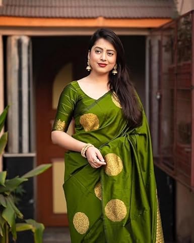 AXONIT Women's Silk Saree with Polka Butti Weaving & Golden Zari Pallu with Unstitched Blouse Piece