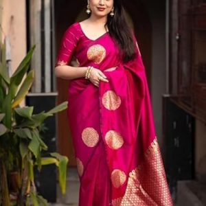 AXONIT Women's Silk Saree with Polka Butti Weaving & Golden Zari Pallu with Unstitched Blouse Piece