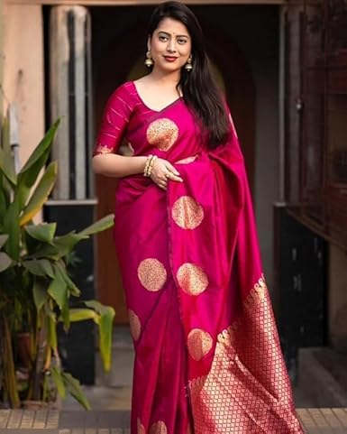 AXONIT Women's Silk Saree with Polka Butti Weaving & Golden Zari Pallu with Unstitched Blouse Piece