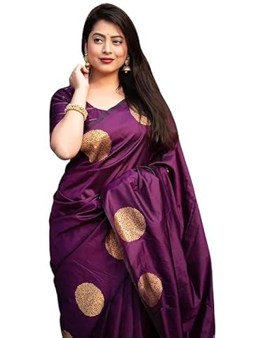 AXONIT Women's Silk Saree with Polka Butti Weaving & Golden Zari Pallu with Unstitched Blouse Piece