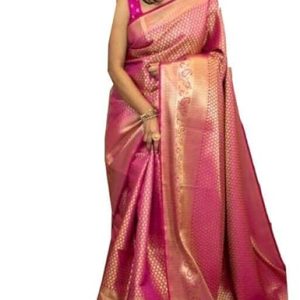 AXONIT Women's Banarasi Silk Saree with Golden Zari Weaving & Border with Unstitched Blouse Piece