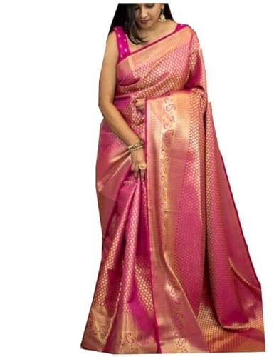 AXONIT Women's Banarasi Silk Saree with Golden Zari Weaving & Border with Unstitched Blouse Piece