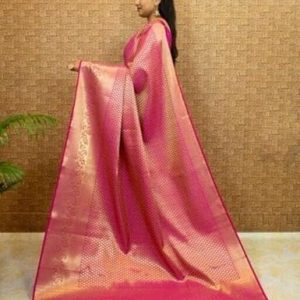 AXONIT Women's Banarasi Silk Saree with Golden Zari Weaving & Border with Unstitched Blouse Piece
