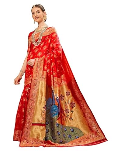 AXONIT Women's Premium Jacquard Silk Saree with Handcrafted Peacock Design with Unstitched Blouse Piece - Red