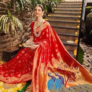 AXONIT Women's Premium Jacquard Silk Saree with Handcrafted Peacock Design with Unstitched Blouse Piece - Red