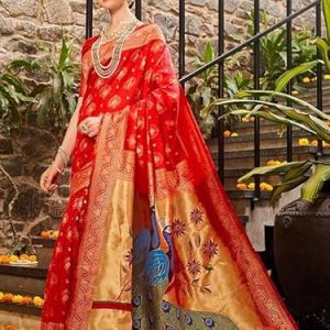 AXONIT Women's Premium Jacquard Silk Saree with Handcrafted Peacock Design with Unstitched Blouse Piece - Red