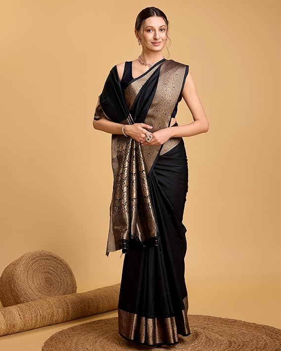 AXONIT Women's Premium Jacquard Silk Saree with Antique Gold Zari Border & Pallu weave & Unstitched Blouse Piece