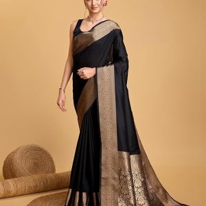AXONIT Women's Premium Jacquard Silk Saree with Antique Gold Zari Border & Pallu weave & Unstitched Blouse Piece