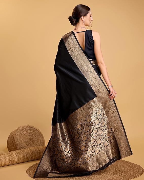 AXONIT Women's Premium Jacquard Silk Saree with Antique Gold Zari Border & Pallu weave & Unstitched Blouse Piece