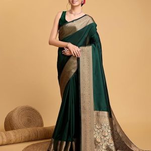 AXONIT Women's Premium Jacquard Silk Saree with Antique Gold Zari Border & Pallu weave & Unstitched Blouse Piece