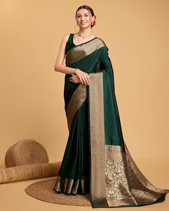 AXONIT Women's Premium Jacquard Silk Saree with Antique Gold Zari Border & Pallu weave & Unstitched Blouse Piece