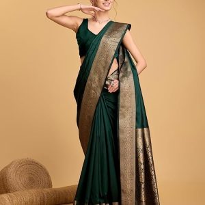 AXONIT Women's Premium Jacquard Silk Saree with Antique Gold Zari Border & Pallu weave & Unstitched Blouse Piece