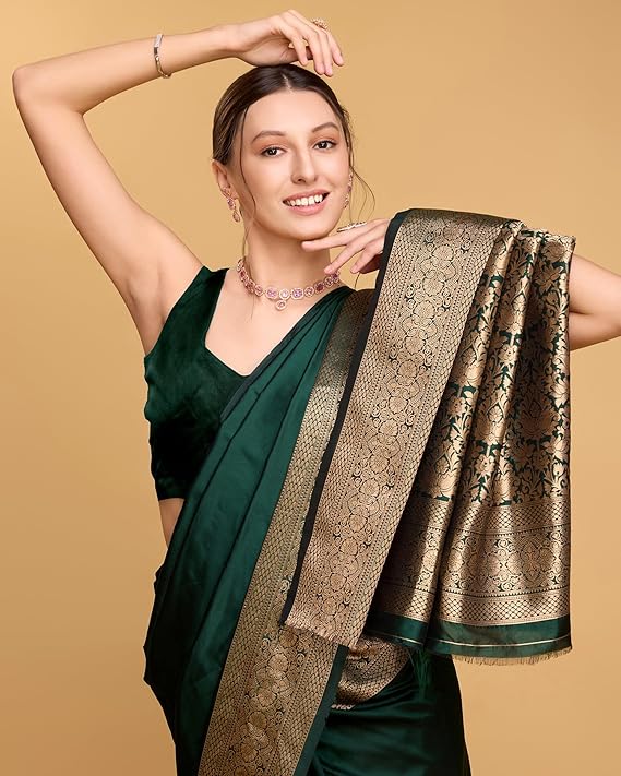 AXONIT Women's Premium Jacquard Silk Saree with Antique Gold Zari Border & Pallu weave & Unstitched Blouse Piece
