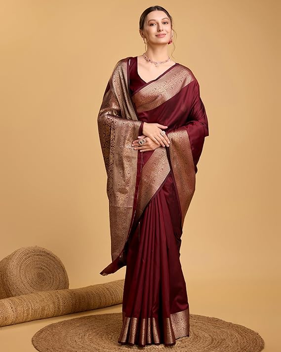 AXONIT Women's Premium Jacquard Silk Saree with Antique Gold Zari Border & Pallu weave & Unstitched Blouse Piece