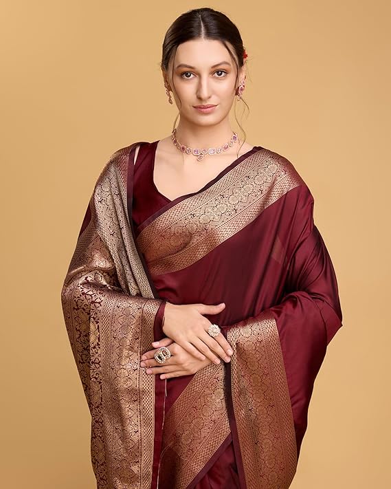 AXONIT Women's Premium Jacquard Silk Saree with Antique Gold Zari Border & Pallu weave & Unstitched Blouse Piece