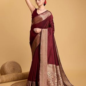 AXONIT Women's Premium Jacquard Silk Saree with Antique Gold Zari Border & Pallu weave & Unstitched Blouse Piece