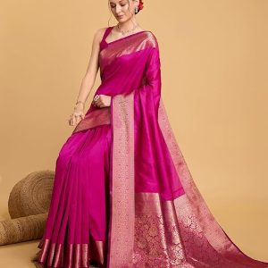 AXONIT Women's Premium Jacquard Silk Saree with Antique Gold Zari Border & Pallu weave & Unstitched Blouse Piece