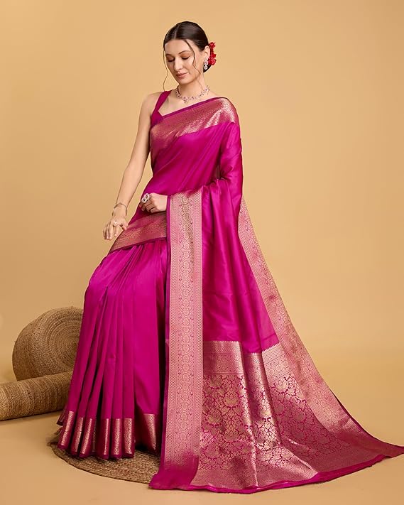 AXONIT Women's Premium Jacquard Silk Saree with Antique Gold Zari Border & Pallu weave & Unstitched Blouse Piece