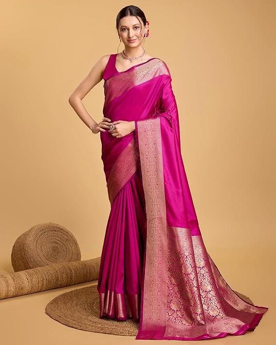 AXONIT Women's Premium Jacquard Silk Saree with Antique Gold Zari Border & Pallu weave & Unstitched Blouse Piece