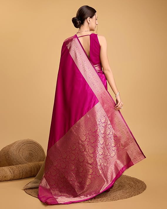 AXONIT Women's Premium Jacquard Silk Saree with Antique Gold Zari Border & Pallu weave & Unstitched Blouse Piece