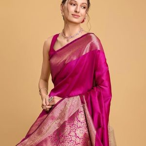 AXONIT Women's Premium Jacquard Silk Saree with Antique Gold Zari Border & Pallu weave & Unstitched Blouse Piece