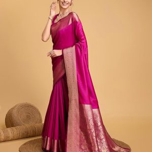 AXONIT Women's Premium Jacquard Silk Saree with Antique Gold Zari Border & Pallu weave & Unstitched Blouse Piece
