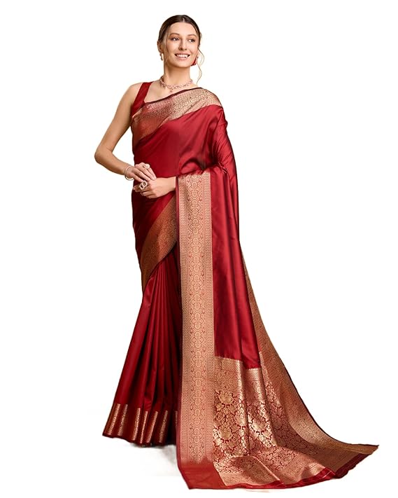 AXONIT Women's Premium Jacquard Silk Saree with Antique Gold Zari Border & Pallu weave & Unstitched Blouse Piece