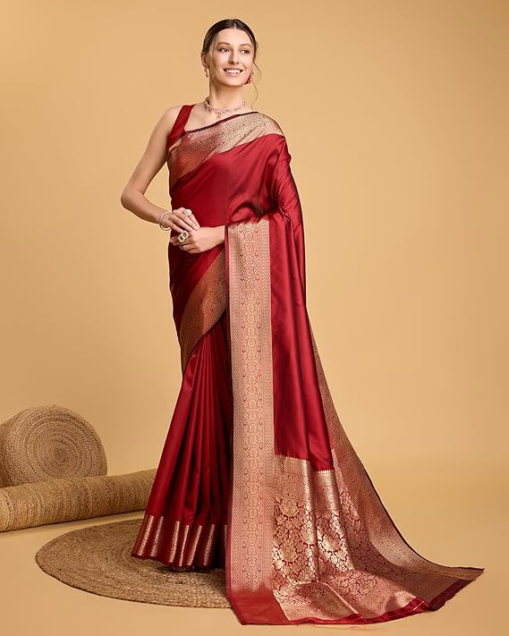 AXONIT Women's Premium Jacquard Silk Saree with Antique Gold Zari Border & Pallu weave & Unstitched Blouse Piece