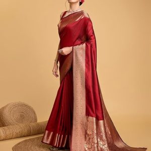 AXONIT Women's Premium Jacquard Silk Saree with Antique Gold Zari Border & Pallu weave & Unstitched Blouse Piece