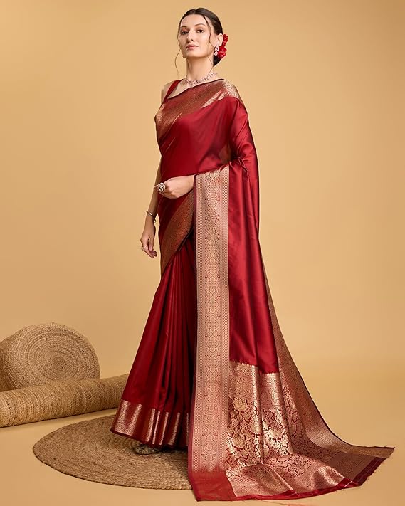AXONIT Women's Premium Jacquard Silk Saree with Antique Gold Zari Border & Pallu weave & Unstitched Blouse Piece