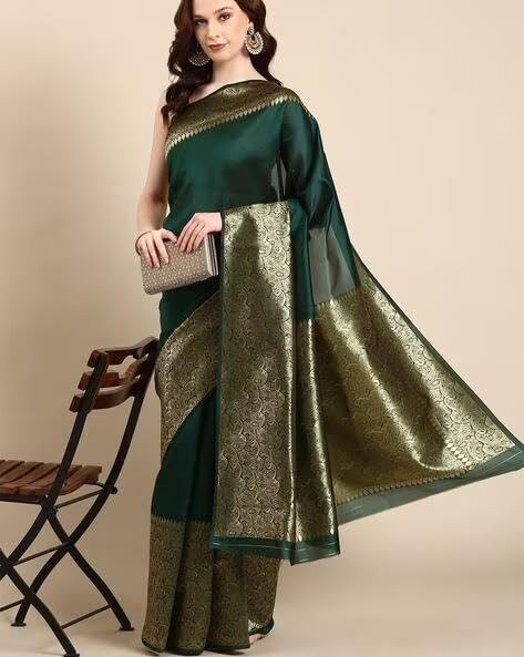 AXONIT Women's Premium Jacquard Silk Saree with Floral Brocade Border & Pallu Design with Unstitched Blouse Piece