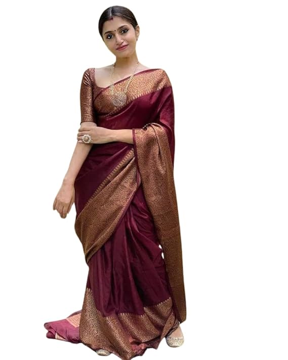 AXONIT Women's Premium Jacquard Silk Saree with Floral Brocade Border & Pallu Design with Unstitched Blouse Piece